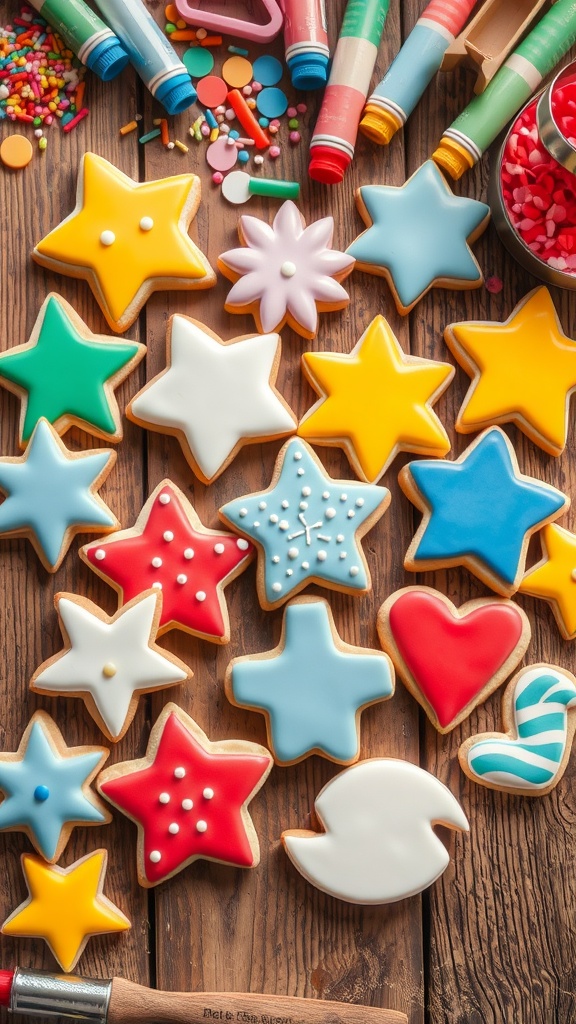 Decorated cookies in fun shapes on a table with icing and sprinkles.